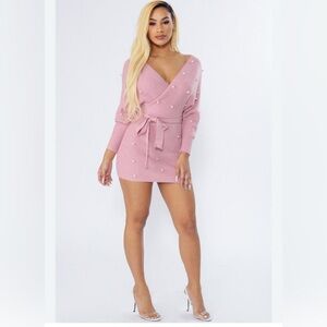San Joy Pink Mini Dress with Pearl Details